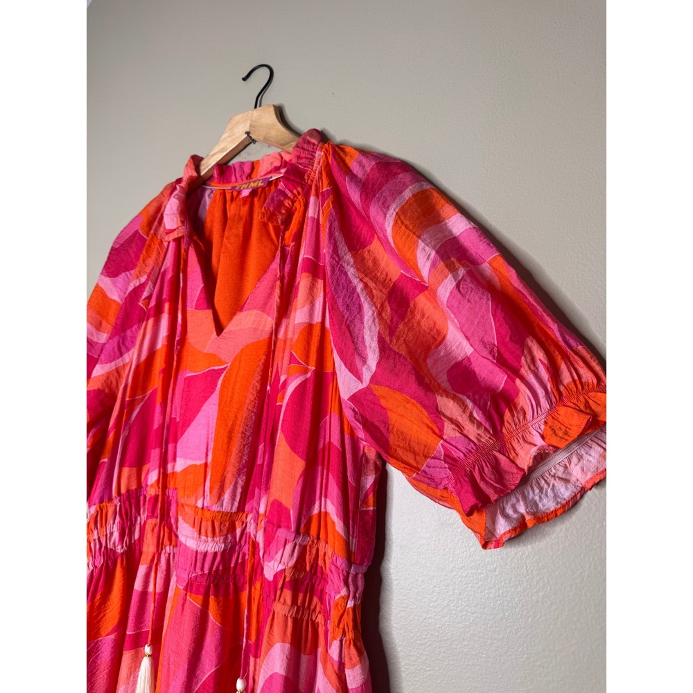 THML Pink Orange Abstract Print Tiered Maxi Dress Smocked Waist Pockets L - Picture 5 of 9